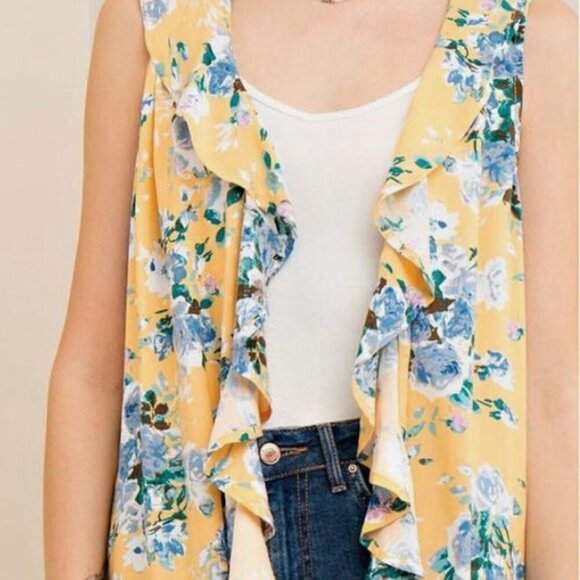 entro EUC yellow/blue floral ruffle front ling line open front cardigan vest L - Picture 1 of 4